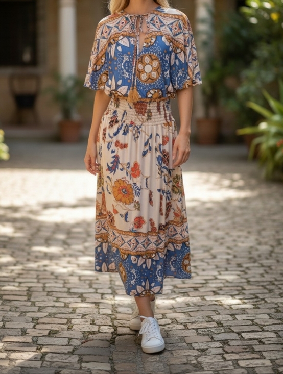 lildy Dresses & Skirts - Lildy Tassel Tie-Back Maxi Dress in Blue and Cream Print L/XL